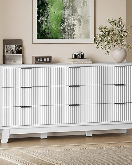 BORNOON 63" Long Dresser for Bedroom, 9-Drawer Fluted Dresser, Extra-Wide Wood Chest of Drawers with Smooth Metal Slides, Stable Base, Modern Clothes Storage Cabinet for Living Room, Hallway, Nursery
