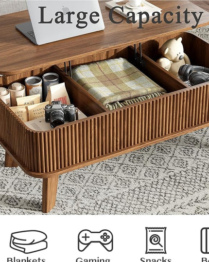 LCVTND Fluted Lift Top Coffee Table with Storage, Modern Wood Coffee Table Retro Center Table with Hidden Lifting Table Top Compartment for Living Room, Home, Office, Walnut