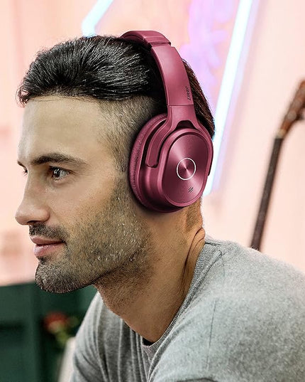 ZIHNIC Active Noise Cancelling Headphones, 40H Playtime Wireless Bluetooth Headset with Deep Bass Hi-Fi Stereo Sound,Comfortable Earpads for Travel/Home/Office (Red)
