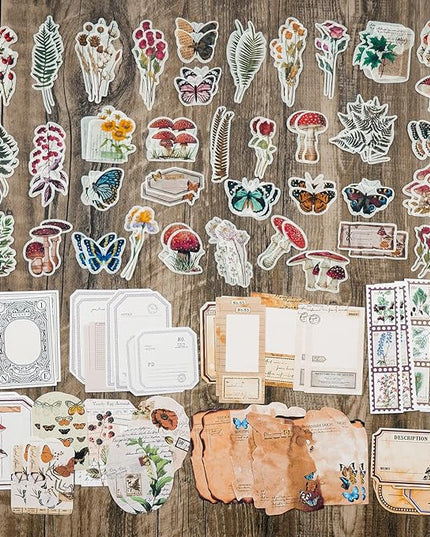 Knaid Vintage Scrapbook Supplies Pack (200 Pieces) for Junk Journal Bullet Journals Planners Botanical Paper Stickers Craft Kits Aesthetic Cottagecore Collage Album (Nature)