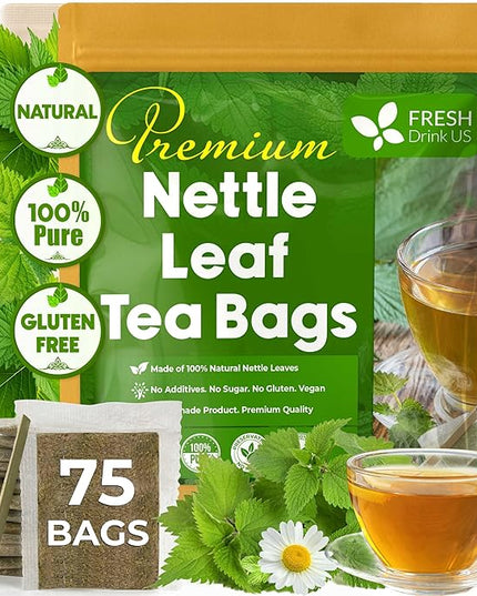FreshDrinkUS, Premium 75 Nettle Leaf Tea Bags, 100% Natural & Pure from Nettle Leaves. Loose Leaf Nettle Herbal Tea. Nettle Leaf Tea. No Sugar, No Caffeine, No Gluten, Vegan.