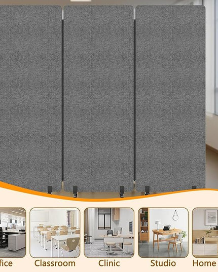 Soundproof Room Divider Panel with Wheels, 66in Portable Office Partition Screen, 3 Panel Temporary Wall Divider for Sound Proof Separation, Cubicle Privacy Panels for Desk (Dark Gray)