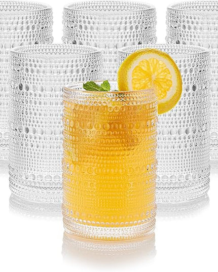 15 oz Clear Hobnail Drinking Glasses with Straws Set of 6, Vintage Glassware Old Fashioned Beverage Glasses, Cocktail Drinking Glassware Set, Kitchen Water Glasses Cup, for Beer, Smoothie, Juice