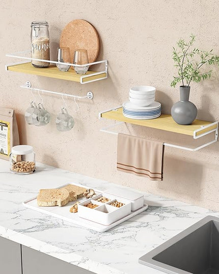 Forbena Floating Shelves for Wall with Rail, White and Natural Wood Nursery Book Shelves for Baby Girls Boys Kids Room Bedroom, Hanging Bookshelves Wall Mounted for Books, Toys, Bathroom (Set of 2)