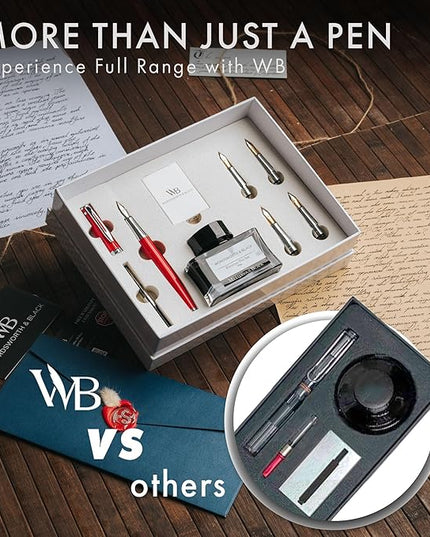Wordsworth & Black Fountain Pen Gift Set, Includes Bottle, 6 Cartridges Refill Converter, 4 Replacement Nibs, Premium Package, Journaling, Calligraphy, Smooth Writing Pens [Red Chrome]