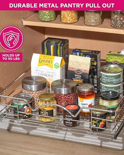 HOLDN’ STORAGE Heavy-Duty Premium Collection Pull Out Cabinet Organizer, Cabinet Drawer Slide Outs, Lifetime Limited Warranty - Basket Size 17" W x 21" D x 5" H, Anti-Rust Chrome Finish