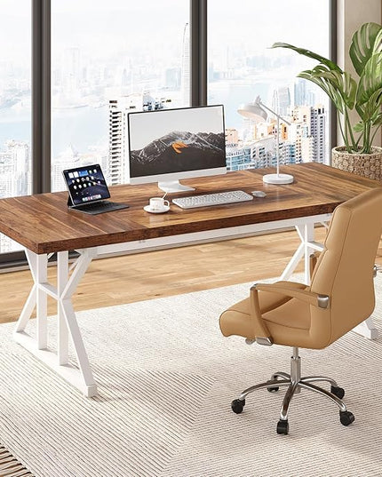 LITTLE TREE 70.8-Inch Large Executive Desk, Modern Computer Office Desk, Wooden Writing Desk Study Table for Home Office