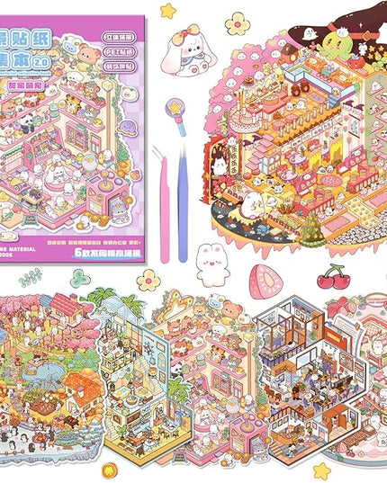 ASTARON 6 Sets DIY 3D Sticker Scene Book Sticker Therapy for Adults, Make Your Own Mini Cozy Shop House Room Stickers Cute Cartoon Miniature Stickers, Relief Stress Pass The Time