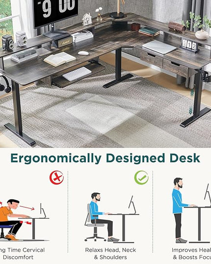 RedLemon 75X60 Inches L Shaped Electric Standing Desk,Height Adjustable Corner Gaming Desk with Drawers, Keyboard Tray, Power Outlets & LED Lights, Computer Desk with Monitor Shelf, Dark Rustic Oak
