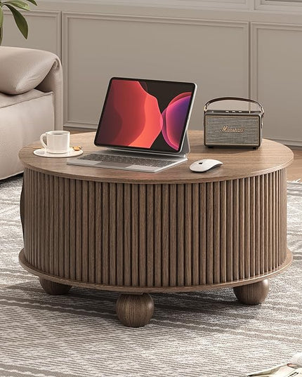 JOINICE Round Coffee Table with Storage, 31.5" Walnut Fluted Drum Center Table, Mid Century Modern Wood Circle Table with Sliding Door & Bun Feet for Living Room