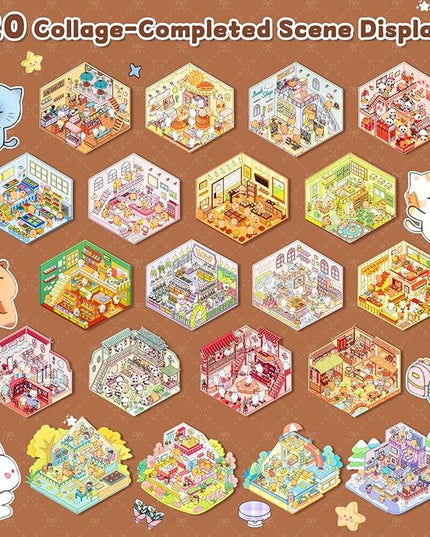 ASTARON 20 Sets DIY 3D Sticker Scene Book Sticker Therapy for Adults, Make Your Own Mini Cozy Shop House Room Stickers Cute Cartoon Miniature Stickers, Relief Stress Pass The Time