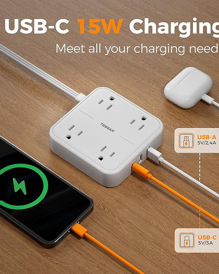 Surge Protector Flat Extension Cord 15Ft, TESSAN Flat Plug Power Strip with 4 Outlets 3 USB Ports (1 USB C), 900 Joules Protection, Multiple Wall Outlet Extender Suitable for Home Office Dorm, White