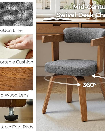 Fat Ant Office Chair No Wheels Mid Century Modern Desk Chair Fabric Upholstered Arm Chair Swivel Home Office Desk Chair with Wood Legs for Small Spaces Home Office Living Room Bedroom Study Dark Grey