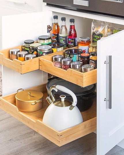 HOLDN’ STORAGE Bamboo Wooden Pull out Cabinet Organizer. 17" W x 21" D - Requires At Least a 18.25" W x 21" D.Cabinet Opening. W/Lifetime Limited Warranty. Bamboo Tray and Heavy gauge metal rails.