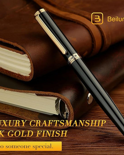 BEILUNER Black Fountain Pen,Stunning Luxury Pens with 24K Gold Accents, Gorgeous 24K Gilded Nib(Medium), Trustworthy Pen Gift for Men&Women -Ink Converter-Elegant, Reliable,Nice Pen for Writing