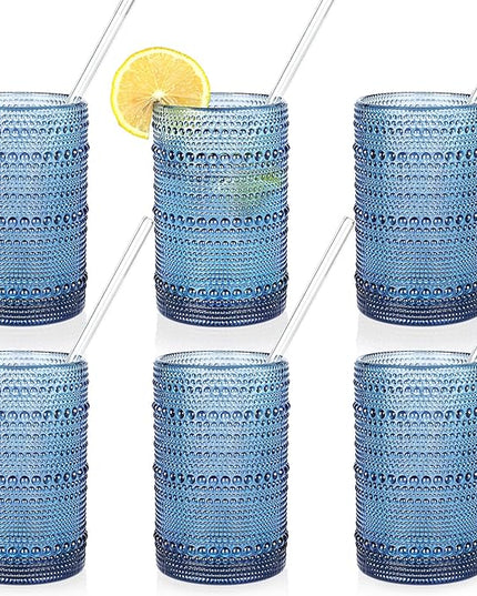 Large Hobnail Drinking Glasses Set of 6,15oz Blue Vintage Glassware,Embossed Glass Cups,Water Tumbler,Highball Glasses For Beer, Juice And Various Mixed Drinks