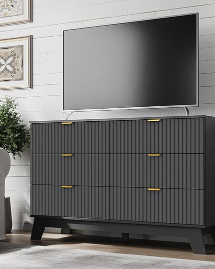 BORNOON Fluted 6 Drawer Dresser, 47.2" Wide Modern Boho Chest of Drawers, Wooden Storage Dresser TV Stand for Bedroom, Living Room, Closet, Hallway, Curved Profile Design