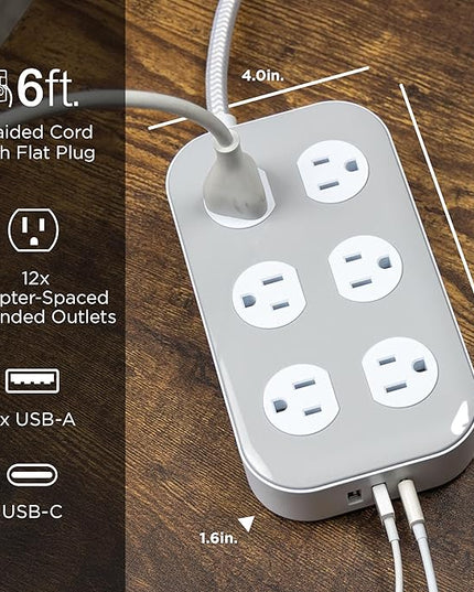 GE 12-Outlet Surge Protector with 6ft Braided Cord, Power Strip, Extension Cord, Flat Plug, 2 USB-A & 1 USB-C Port, 2100 Joules, for Home School & Office, Charging Station, White, 84214