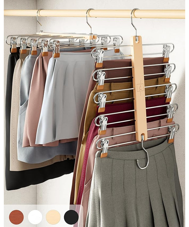 MORALVE Skirt Hangers Space Saving with Clips - 2 Pack - European Beechwood 5-Tier Hanger for Shorts, Skirts, and Pants - Closet Organizer and Storage Solution for Women with 360° Swivel Hook