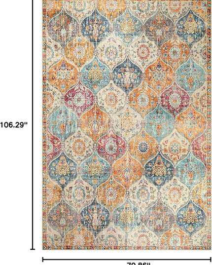 Lahome Moroccan 6x9 Rugs for Living Room, Soft Washable 6x9 Area Rug for Bedroom, Ultra-Thin Oriental Trellis Distressed Non Shedding Throw Large Carpet for Dining Room Office, Cream/Multi