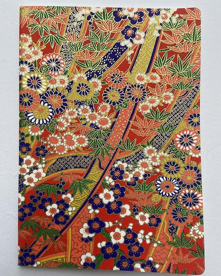 Made in Japan Echizen Washi Notebook with Sakura Watermark(Page 48) & 2 sheetsYuzen Origami Paper Set – Luxury Japanese Stationery Gift (Golden Kimono Pattern)