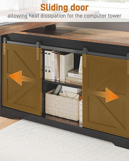 63" Farmhouse Electric Standing Desk Adjustable Height Sit Stand Corner Stand Desks, L Shaped Standing Computer Desk with Power Outlets & Storage Drawers & Sliding Door for Home Office, Black