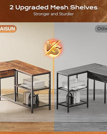 PRAISUN 63 Inch L Shaped Office Desk with Power Outlets and Type-C Port, Large Computer Gaming Desk with 3 Fabric Drawers, Mesh Shelves, Corner Study Work Writing Desk, Rustic Brown