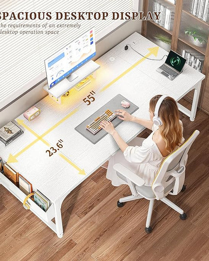 Computer Desk with Monitor Stand & 24mm Thicker Desktop,Gaming Desk with Power Outlets & LED Light,White Writing Desk for Home Office, Study, Bedroom, White
