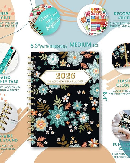 Ymumuda 2026 Planner, Daily Weekly and Monthly Planner，Jan 2026 - Dec 2026, 8.4" x 6.3", 2026 Calendar Planner Book with Tabs, Spiral Notebook with Inner Pocket for Office Home School Supplies