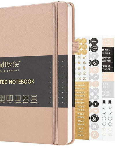 &And Per Se Dotted Journal Notebook, A5 Hardcover Leather Bullet Dotted Journal, 160 Pages 100 gsm Thick Paper，3 Sheets of Stickers Included - 5.7'' x 8''（Apricot）