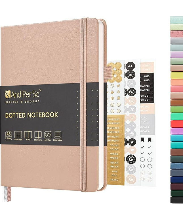&And Per Se Dotted Journal Notebook, A5 Hardcover Leather Bullet Dotted Journal, 160 Pages 100 gsm Thick Paper，3 Sheets of Stickers Included - 5.7'' x 8''（Apricot）
