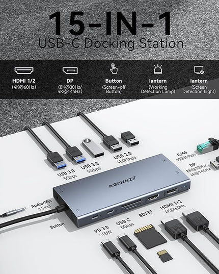 USB C Laptop Docking Station Dual Monitor for Dell XPS/HP/Lenovo/Surface, 15 in 1 USB C Hub 3 Monitor Adapter Dock with 8K DisplayPort, 2 HDMI 4K@60Hz, 6 USB A/C, 100W PD, Ethernet, SD/MicroSD