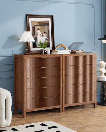 JZXSHD 5 Drawer Dresser, 43" Tall Dresser Organizer TV Drawer Cabinet Modern Wood Storage Cabinet, Modern Wood Storage Cabinet for Bedroom, Hallway, Entryway, Walnut Oak X 2