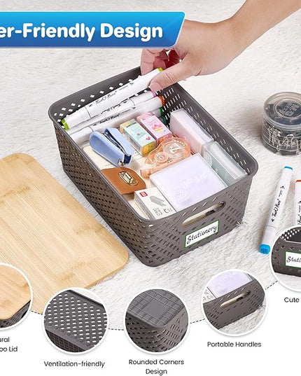 8 Packs Plastic Storage Bins with Bamboo Lids - Stackable Storage Bins Decorative Small Basket Containers for Organizing Shelves Office Classroom Desktop Closet, Grey