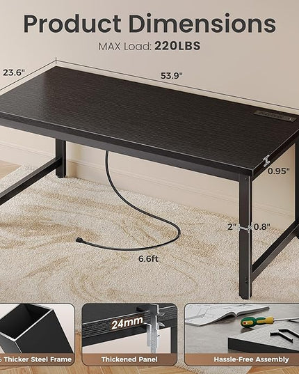 Huuger 55 x 24 inch Desk with Power Outlets & USB-C, Deeper & Thicker Desktop, Robust Metal Tubes, Computer Desk, Heavy Duty Office Desk, Work Gaming Desk for Home Office, Black