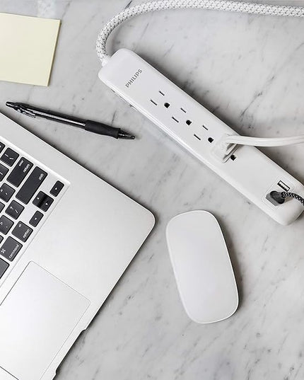Philips 4 Outlet Power Strip Surge Protector with 2 USB Ports, 4 Ft Power Cord, Designer Braided Extension Cord, Flat Plug Extension Cord, 720 Joules, White, SPC6244WC/37