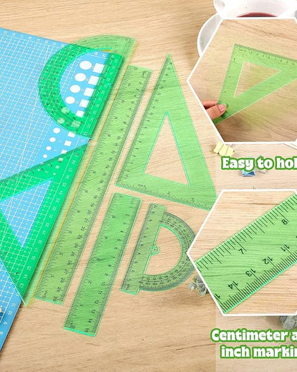 Tenare 6 Pcs Plastic Ruler Math Set Includes 12 Inch 6 Inch Straight Protractor Triangle Geometry Transparent Math Ruler Measuring Tools for School Office Home(Green)