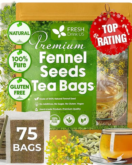 FreshDrinkUS, Premium 75 Fennel Seed Tea Bags – 100% Natural & Pure, Handmade Herbal Tea, Eco-Friendly, Fresh Aroma, Made with Natural Material Tea Bags. No Sugar, No Caffeine, No Gluten, Vegan.