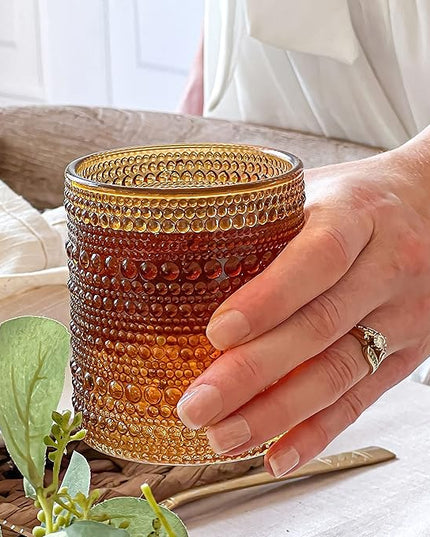 Kate Aspen Beaded Amber Drinking Glasses Set of 6-10 oz Vintage Glassware Jupiter Glasses, Cocktail Glass, Juice Glass, Water Cups Hostess Gift, Present, Gift for Newlyweds (Pack of 4)
