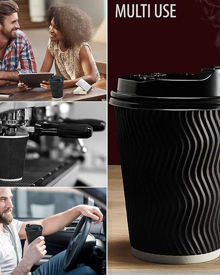 Primens Insulated Disposable Coffee Cups with Lids & Straws 12 oz, 100 Packs - Paper Cups for Hot Beverage Drinks To Go Tea Coffee Home Office Car Coffee Shop Party (Black)