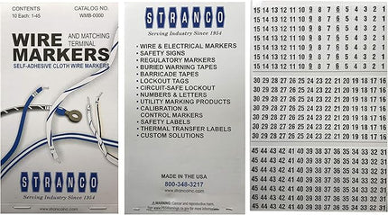 Sherco-Auto 450 Pieces (1-45) Wire Marker Labels for Cable Management - Waterproof Vinyl Adhesive Cloth Label Stickers Book - 10 Pages with 45 Labels Each - Tear Resistance Cable Tags - Made in USA