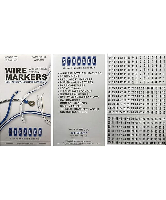 Sherco-Auto 450 Pieces (1-45) Wire Marker Labels for Cable Management - Waterproof Vinyl Adhesive Cloth Label Stickers Book - 10 Pages with 45 Labels Each - Tear Resistance Cable Tags - Made in USA