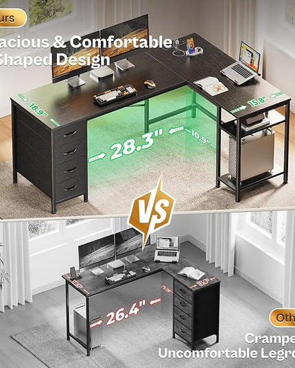 Huuger 55 Inch L Shaped Desk with Fabric Drawers, Reversible Computer Gaming Desk with Power Outlets and USB-C Port, Adjustable Side Storage Shelves, for Work Study Corner Home Office, Black