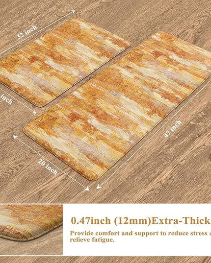 Collive Kitchen Mats Cushioned Anti Fatigue, Fall Modern Abstract Kitchens Floor Mat Non Skid Waterproof Sink Rugs, Memory Foam Comfort Standing Carpet for Office, 20" x 47" + 20" x 32"-Orange