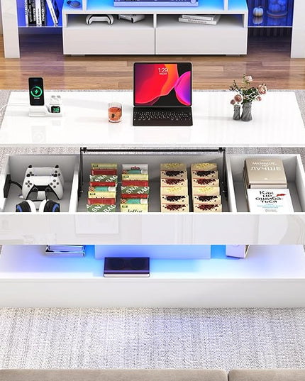 47.2" Large Lift Top Coffee Table,Modern High Glossy LED Coffee Tables for Living Room with Storage Drawer,White Living Room Tables for Livingroom,Dining Room,Bedroom Home Office(White)