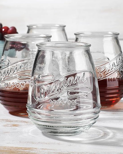Glaver's Stemless Wine Glasses 21 Oz. Set Of 4 Original Mason Vintage Goblet Beverage Glasses Uses For Your Cocktail Lounge, Whiskey Parties, and Everyday Dinner Table. Dishwasher Safe. (Large)