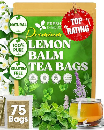 FreshDrinkUS, Lemon Balm Tea Bags | 75 Count |100% Pure Melissa officinalis – Naturally Calming Herbal Tea | Caffeine-Free, Premium Quality, Refreshing Flavor, Sustainably Sourced