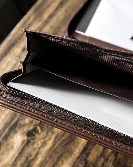 Cossini Premium Business Portfolio with Zipper – Padfolio - Superior Business Impressions Begin with PU Vegan Leather, 10.1 Inch Tablet Sleeve, Smart Storage, Solar Calculator, Writing Pad -Brown