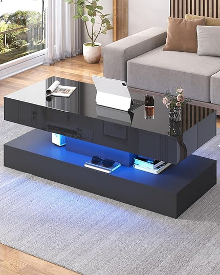 47.2" Large Lift Top Coffee Table,Modern High Glossy LED Coffee Tables for Living Room with Storage,Black Living Room Tables for Living Rooms,Dining Room,Bedroom Home Office,APP LED Lights（Black）