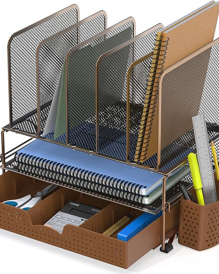 Simple Houseware Mesh Desk Organizer with Sliding Drawer, Double Tray and 5 Upright Sections, Copper